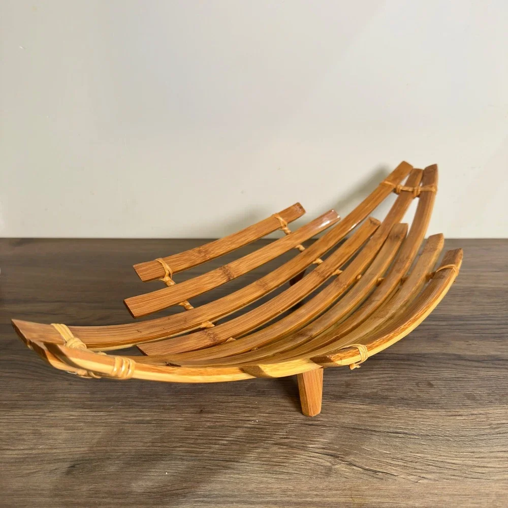 Handmade Bamboo Fruit Basket Boat Bowl Natural Wood Slatted Centerpiece 19.5in
